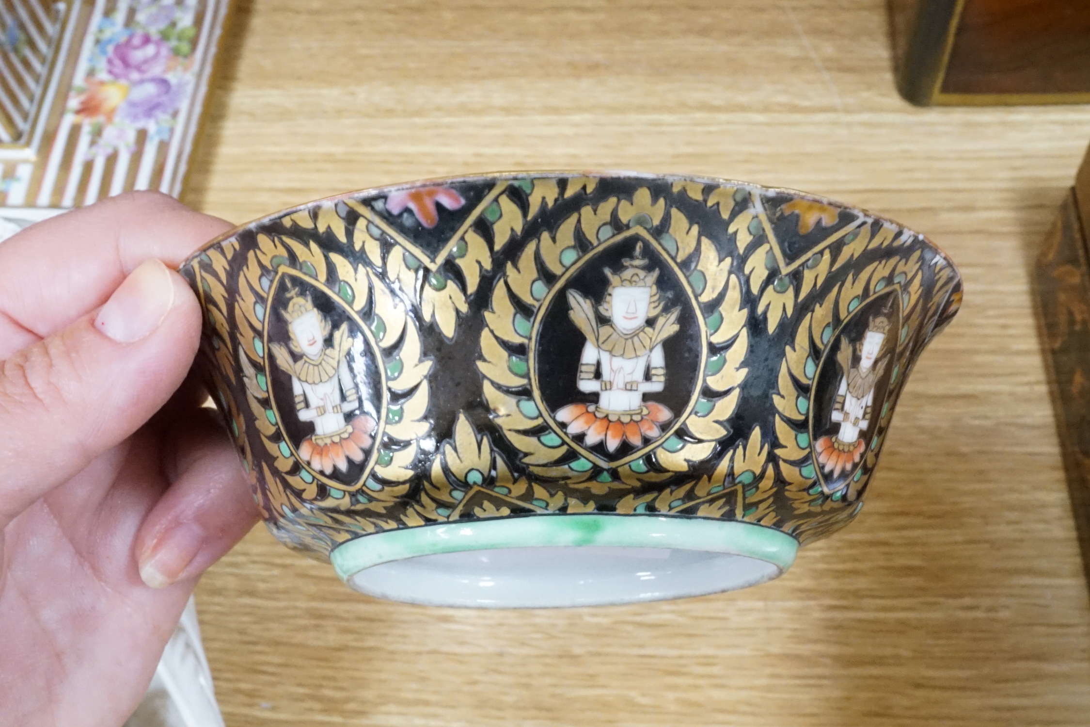 A 19th century Chinese enamelled porcelain bowl made for the Thai market, a Limoges vase, an inkstand, a Samson bowl and an angelic wall pocket, wall pocket approximately 42cm high (5)